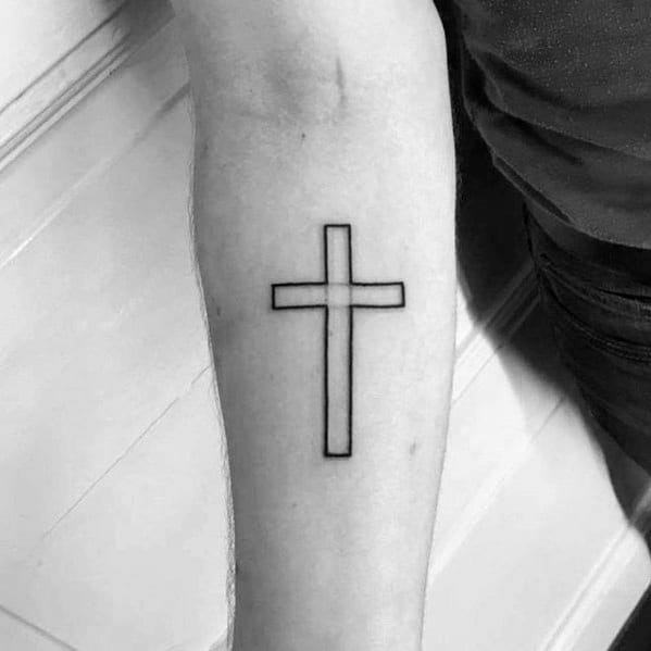 Black Ink Outline Guys Simple Cross Tattoos On Inner Forearm