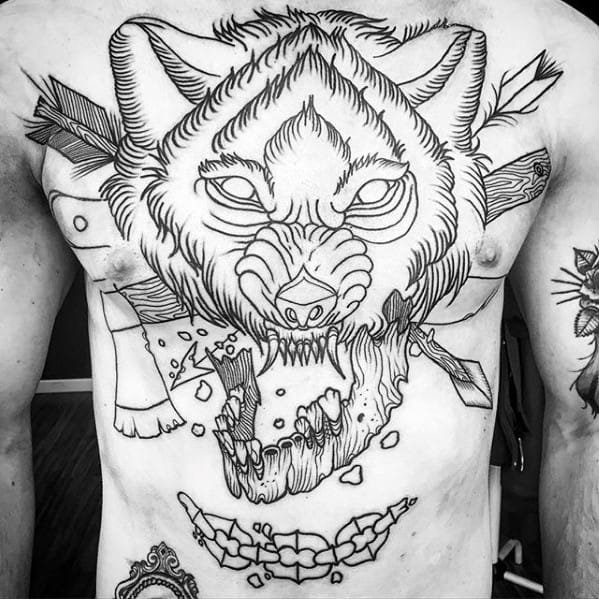 Black Ink Outline Guys Sweet Wolf With Arrows And Axe Traditional Chest Tattoo