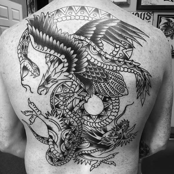 Black Ink Outline Guys Traditional Eagle Back Tattoo Ideas