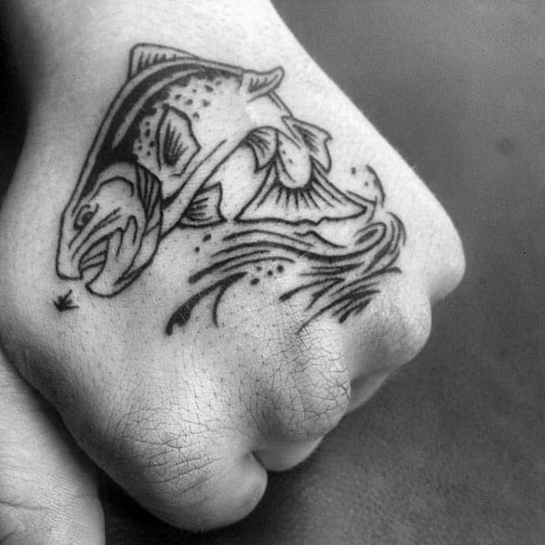 Black Ink Outline Guys Trout Hand Tattoos
