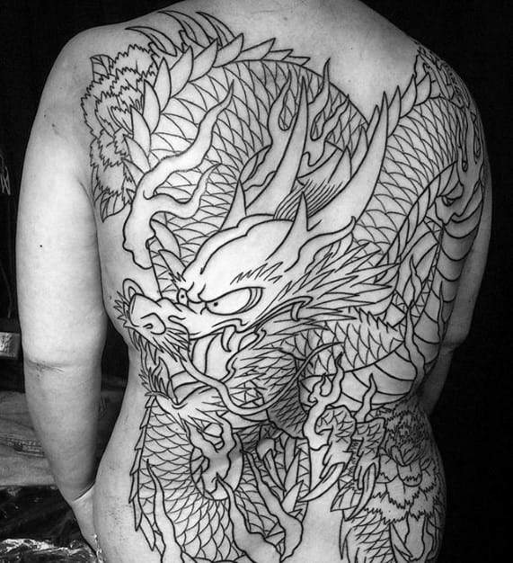 Black Ink Outline Japanese Dragon Back Tattoo Ideas For Guys