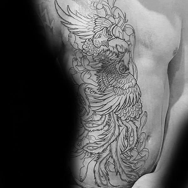 Black Ink Outline Japanese Phoenix Rib Cage Side Tattoos For Men