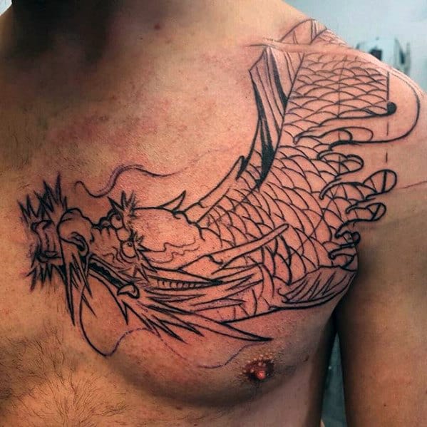 Black Ink Outline Koi Dragon Male Chest And Shoulder Tattoos