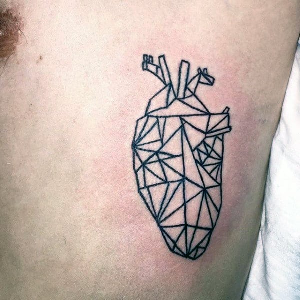 Black Ink Outline Male Rib Cage Side Geometric Heart Tattoo Designs