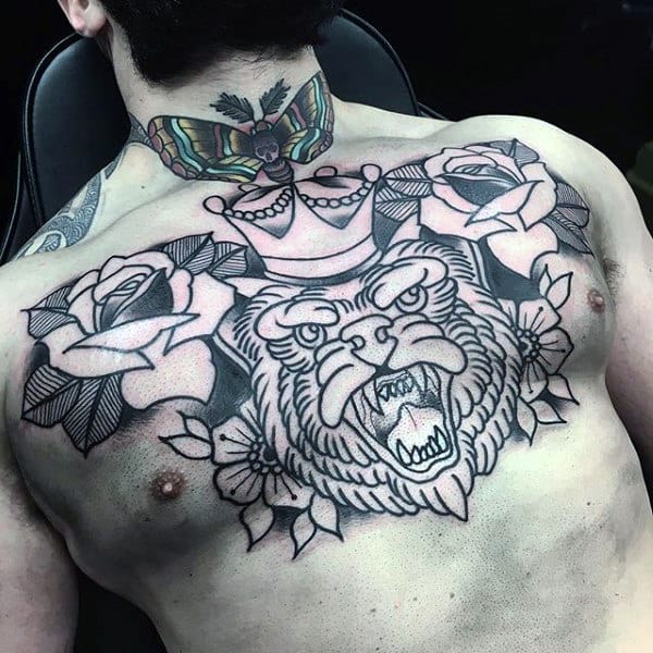 Black Ink Outline Male Traditional Bear With Crown And Rose Flowers Upper Chest Tattoo