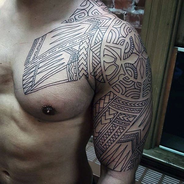 Black Ink Outline Male Tribal Upper Arm Tattoos