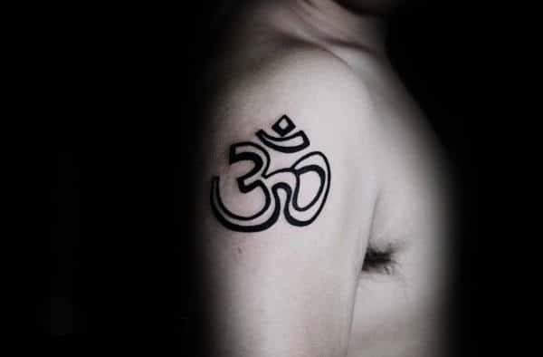 Black Ink Outline Male Upper Arm Om Tattoo Spiritual Symbol
