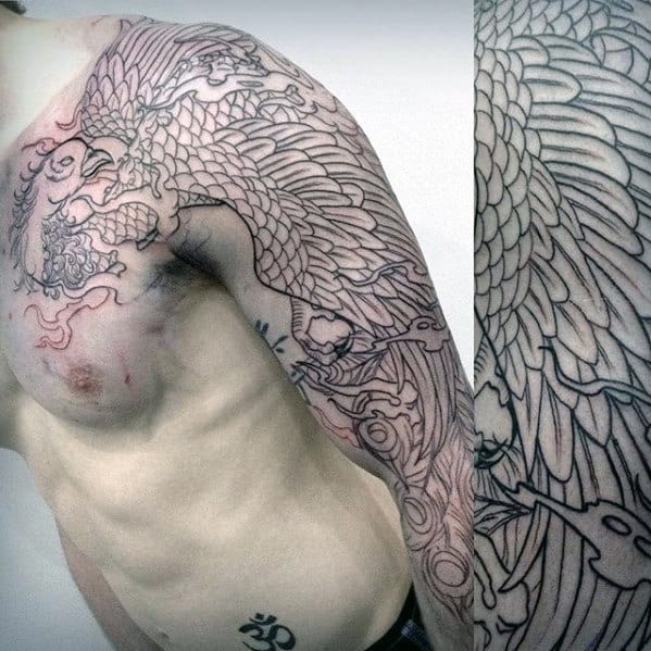Black Ink Outline Mens Japanese Phoenix Sleeve Tattoos