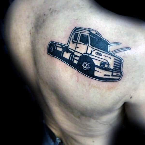 Black Ink Outline Mens Semi Truck Back Of Shoulder Tattoo