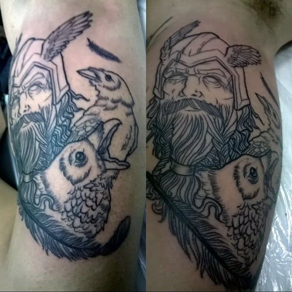 Black Ink Outline Odin With Crows Mens Bicep Tattoos