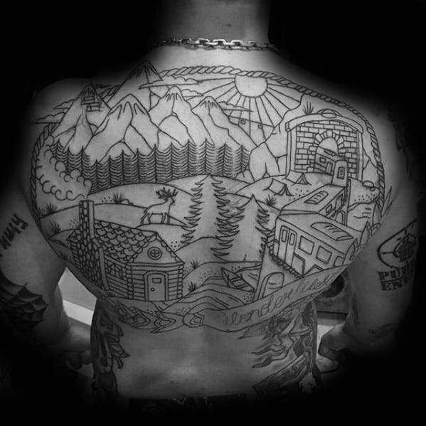Black Ink Outline Outdoors Themed Mens Wanderlust Full Back Tattoos