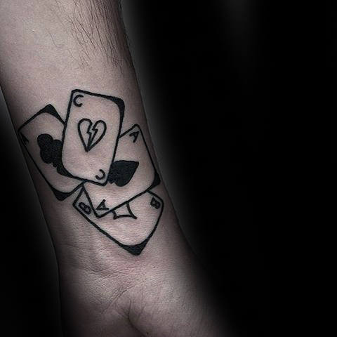 Black Ink Outline Playing Card Small Mens Wrist Tattoos