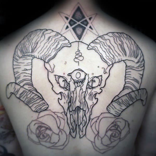 Black Ink Outline Ram With Roses Mens Back Tattoos