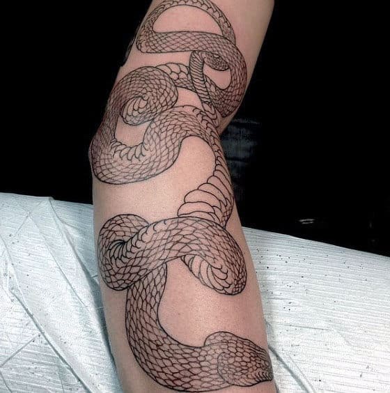 Black Ink Outline Rattlesnake Full Arm Tattoo Ides For Males