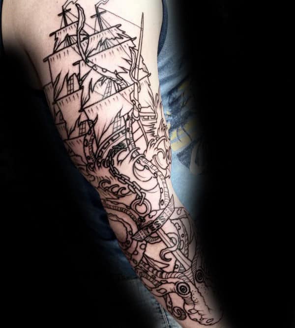 Black Ink Outline Ship Anchor With Krake Sleeve Tattoos For Men