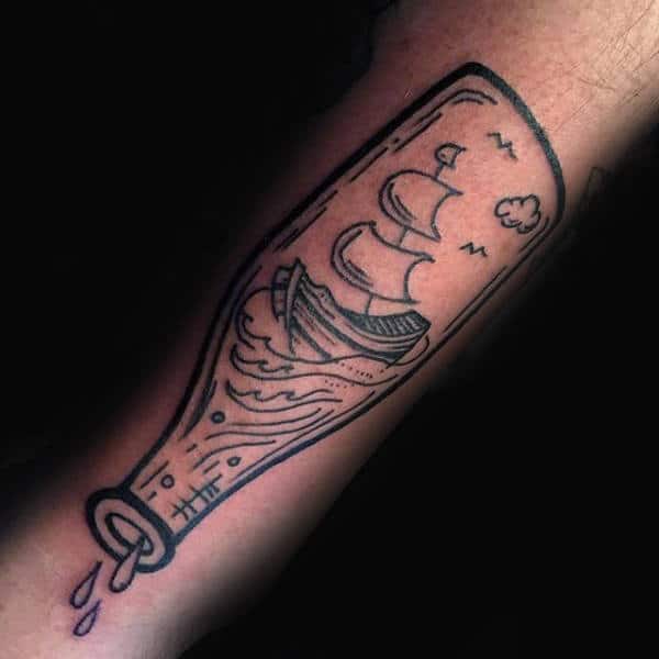Black Ink Outline Ship In A Bottle Mens Arm Tattoo