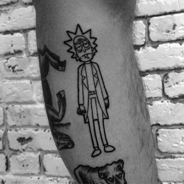 Black Ink Outline Simple Leg Mens Tattoo Ideas With Rick And Morty Design