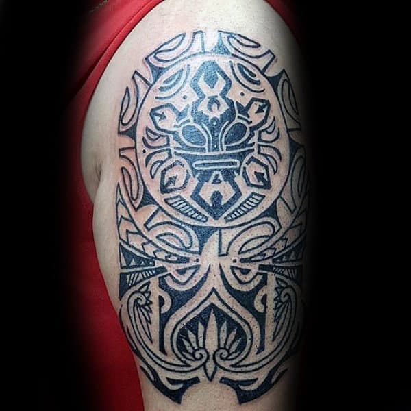 Black Ink Outline Taino Sun Male Tribal Upper Arm Tattoo Ideas