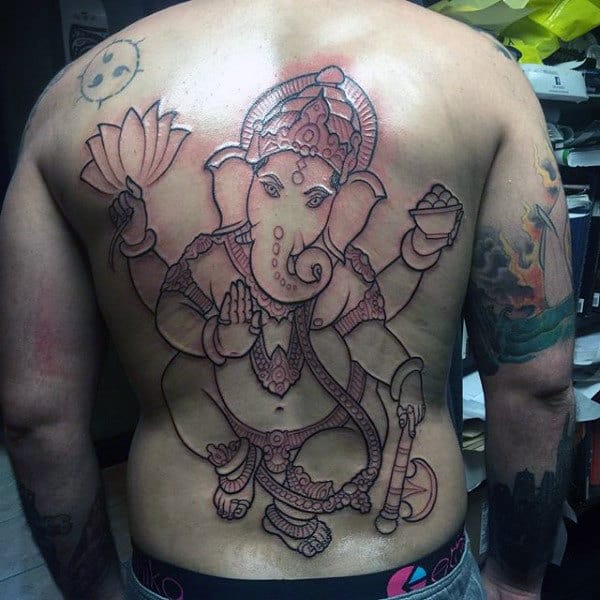 Black Ink Outline Tattoo Of Ganesh On Mans Back