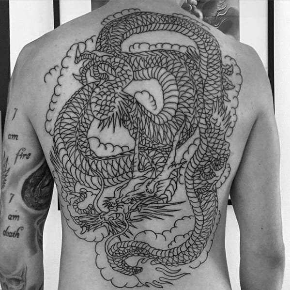 Black Ink Outline Traditional Dragon Mens Full Back Tattoos