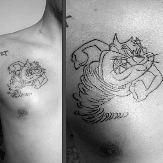 Black Ink Outline Upper Chest Artistic Male Tasmanian Devil Tattoo Ideas
