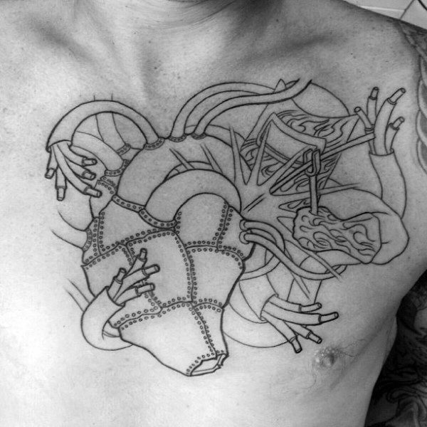 Black Ink Outline Welding Heart Mens Chest Tattoos.