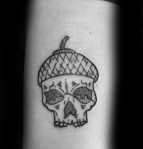 Black Ink Outline With Dotwork Design Mens Acorn Skull Tattoos