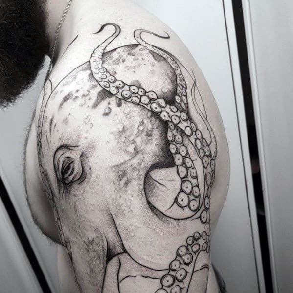 Black Ink Outline With Shading Mens Octopus Arm And Shoulder Tattoo