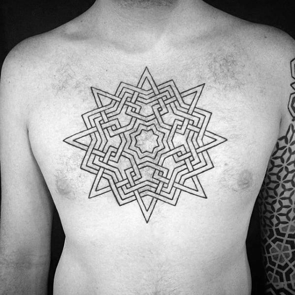Black Ink Outlines Geometric Chest Tattoo Ideas For Males