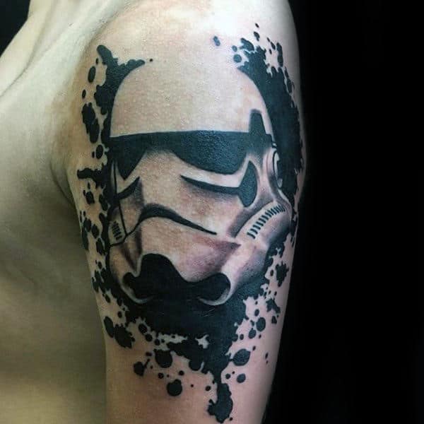 Black Ink Paint Splatter Mens Stormtrooper Negative Space Upper Arm Tattoos