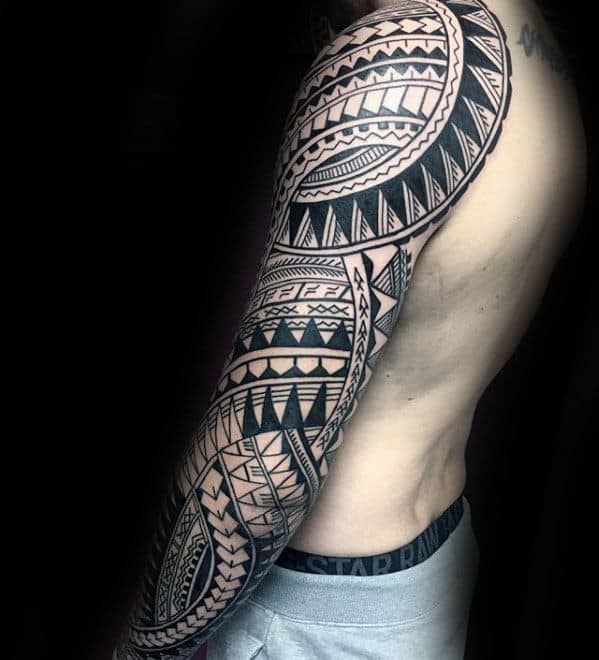 Black Ink Pattern Polynesian Tribal Mens Sleeve Tattoos