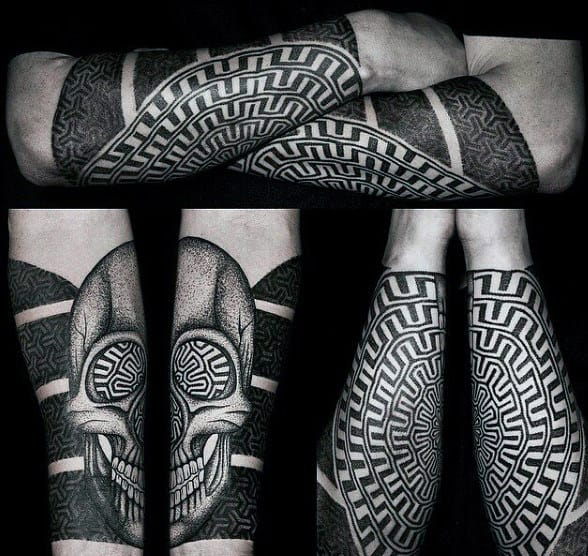 Black Ink Pattern Skull Dotwork Guys Modern Tattoo On Forearms