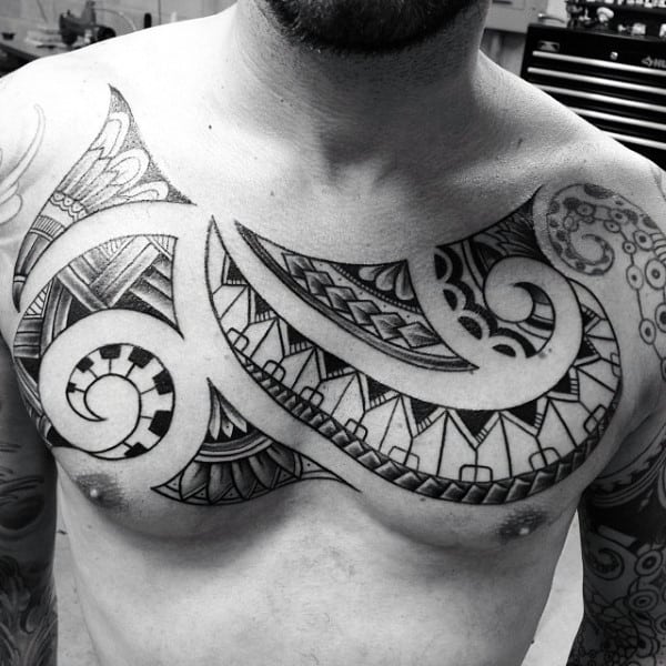 Black Ink Polynesian Guys Tribal Chest Tattoos