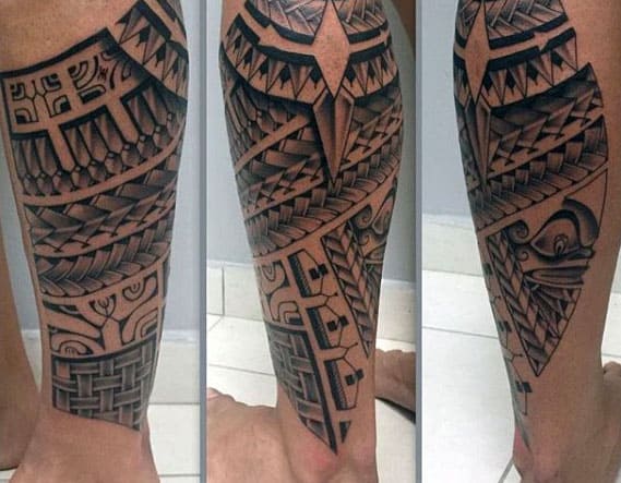 Black Ink Polynesian Tribal Leg Tattoos For Males