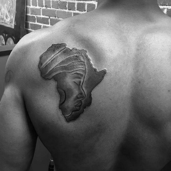 Black Ink Portrait Mens Africa Shoulder Blade Tattoo