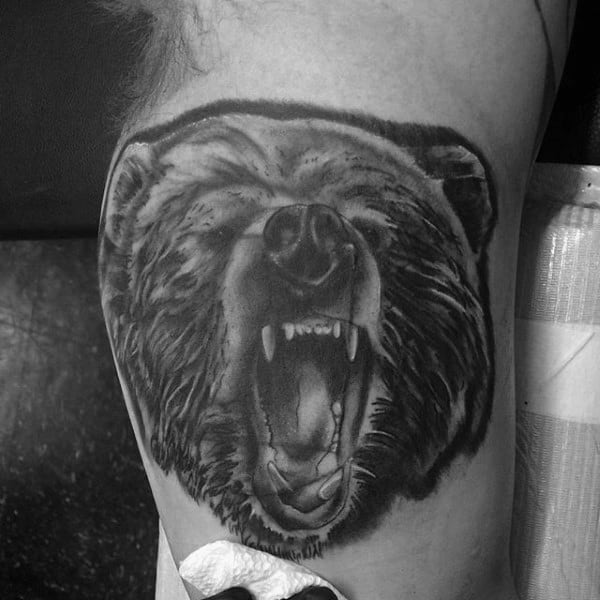 Black Ink Shaded Animal Bear Mens Bicep Tattoo