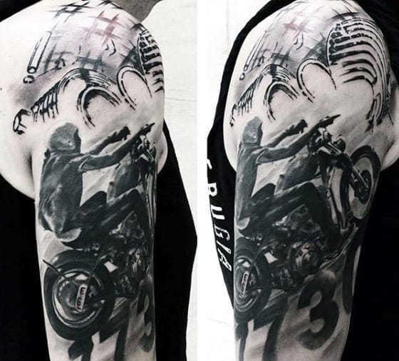 Black Ink Shaded Biker Half Sleeve Male Tattoos