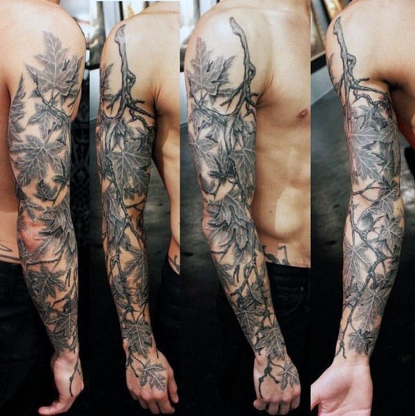 Black Ink Shaded Camouflage Full Sleeve Tree Branch Male Tattoos