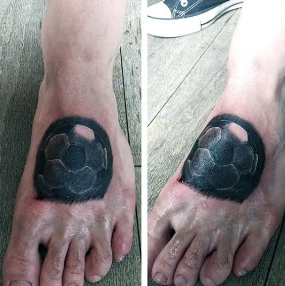 Black Ink Shaded Dark Guys Soccer Foot Tattoos