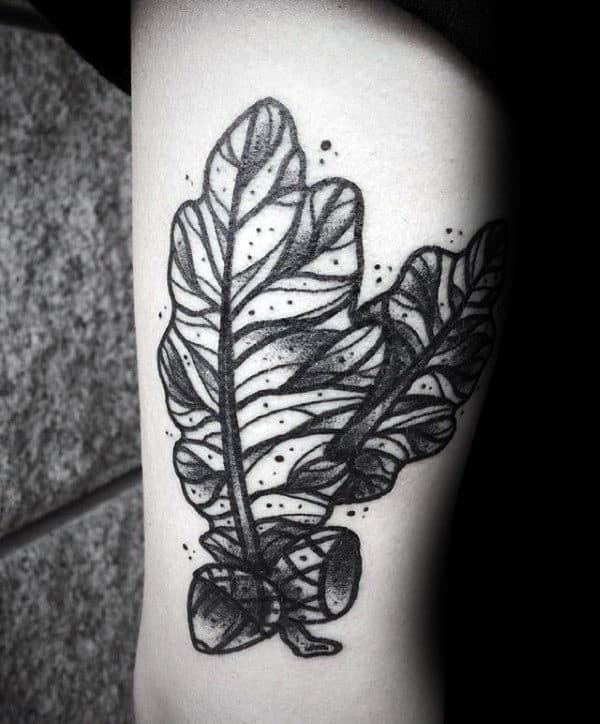 Black Ink Shaded Guys Acorn And Oak Leaves Tattoo