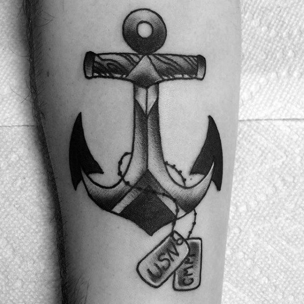 Black Ink Shaded Guys Navy Anchor With Dog Tags Tattoo