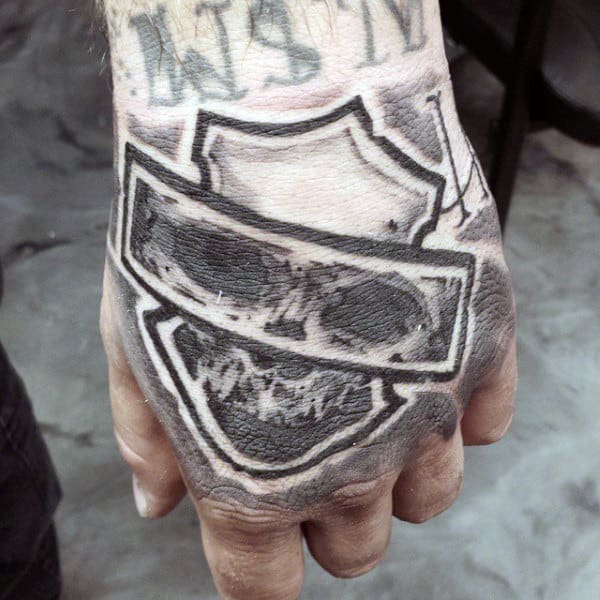 Black Ink Shaded Harley Davidson Skull Tattoos For Men On Hands