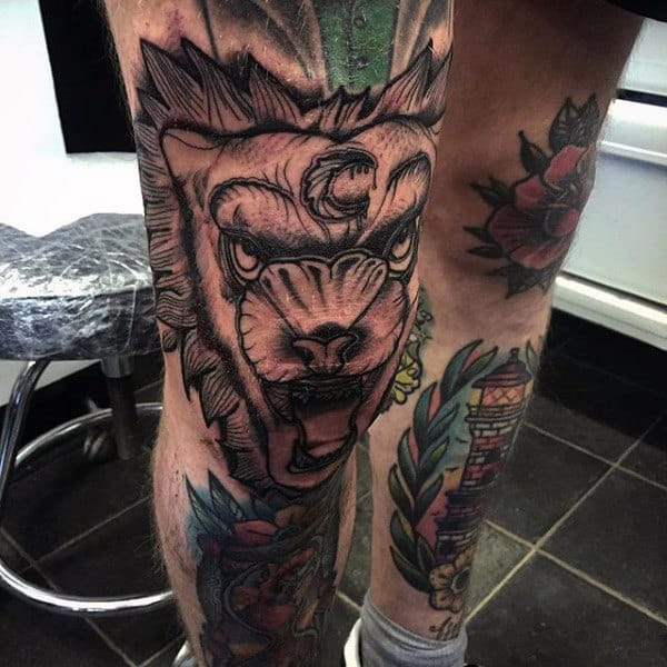 Black Ink Shaded Knee Wolf Tattoos For Guys