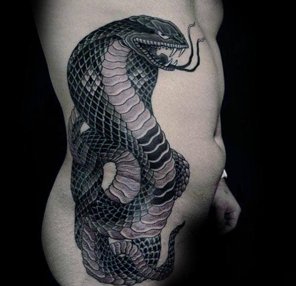 Black Ink Shaded Male Cobra Rib Cage Tattoo Designs