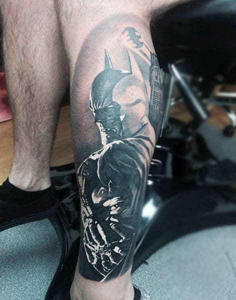 Black Ink Shaded Mens Batman Themed Leg Tattoos