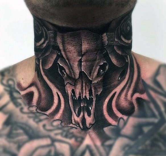 Black Ink Shaded Mens Bull Skull Neck Tattoo