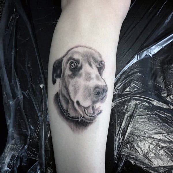 Black Ink Shaded Realistic Male Dog Tattoos