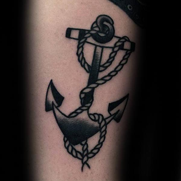 Black Ink Shaded Small Simple Guys Old School Traditional Anchor Thigh Tattoos