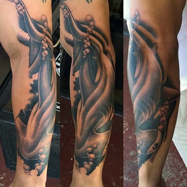 Black Ink Shaded Tattoo For Men With Hammerhead Shark