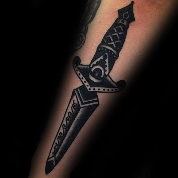 Black Ink Shaded Traditional Male Dagger Outer Forearm Tattoo Inspiration